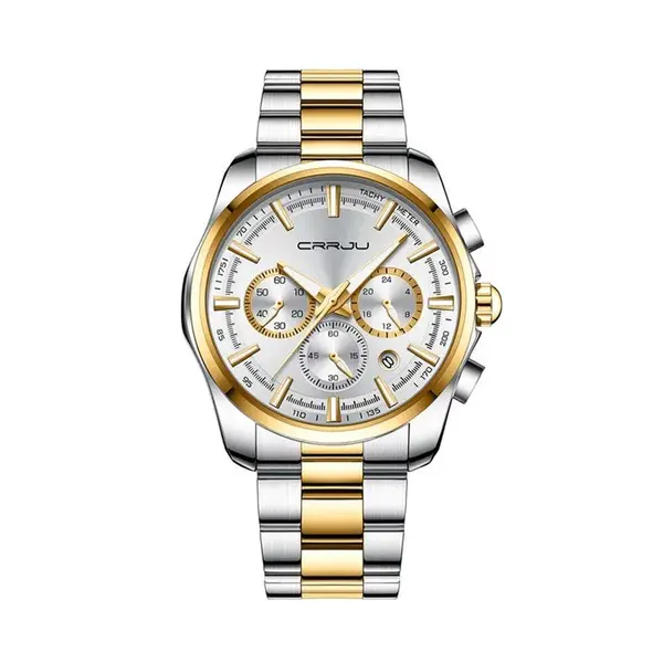 CRRJU 2296 Stainless Steel Quartz Analog Business Classic Men's Watch – Dial Color: Silver, Strap Color: Gold  – View 1