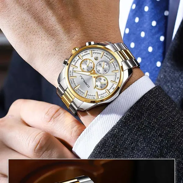 CRRJU 2296 Stainless Steel Quartz Analog Business Classic Men's Watch – Dial Color: Silver, Strap Color: Gold  – View 2