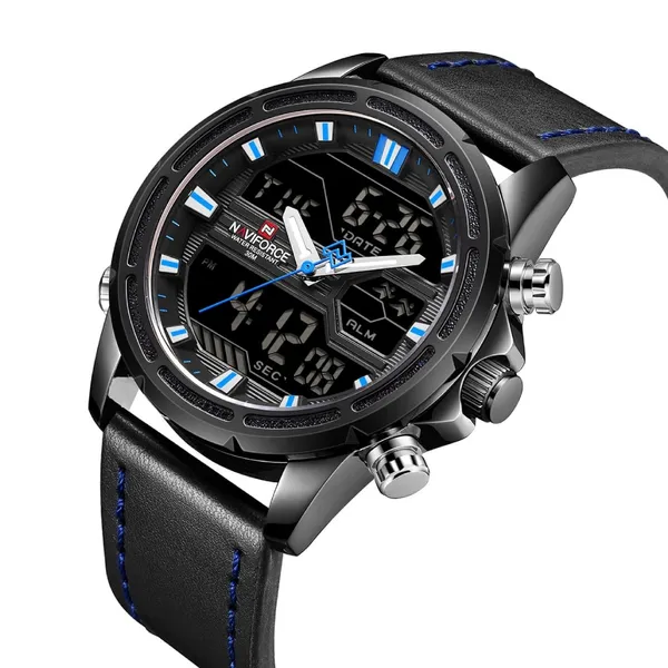 NAVIFORCE NF9138L PU Leather Dual Time Wrist Men's Watch – Dial Color: Blue, Strap Color: Black – View 2