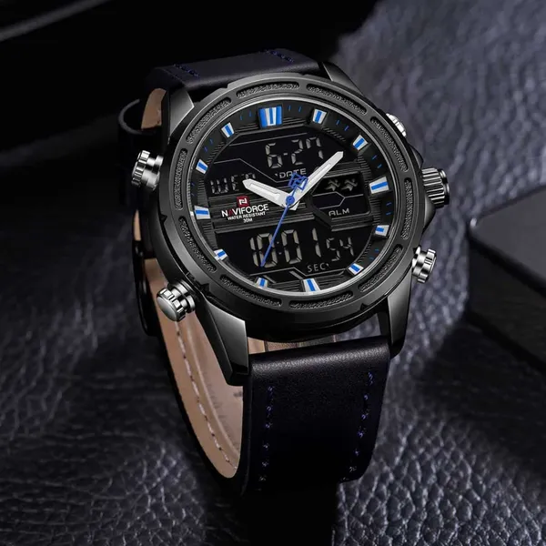NAVIFORCE NF9138L PU Leather Dual Time Wrist Men's Watch – Dial Color: Blue, Strap Color: Black – View 3
