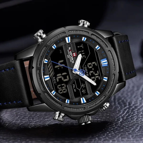 NAVIFORCE NF9138L PU Leather Dual Time Wrist Men's Watch – Dial Color: Blue, Strap Color: Black – View 4