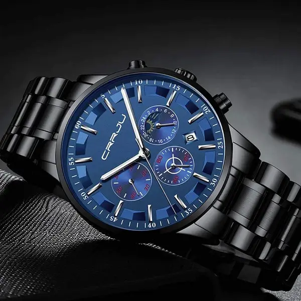 CRRJU 2260 High Quality Stainless Steel Multifunctional Quartz Classic Men's Watch – Dial Color: Blue, Strap Color: Black – View 2