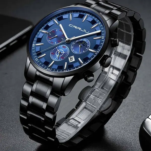 CRRJU 2260 High Quality Stainless Steel Multifunctional Quartz Classic Men's Watch – Dial Color: Blue, Strap Color: Black – View 3