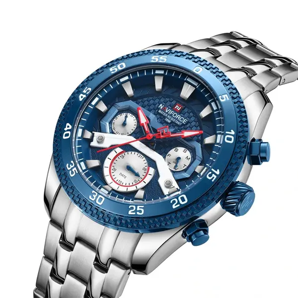 Naviforce NF9222 Luxury Stainless Steel Quartz Analog Men's Watch – Dial Color: Blue, Strap Color: Silver – View 3