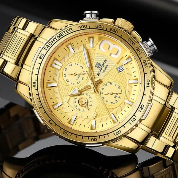 NAVIFORCE NF8017 Multifunction Stainless Steel Quartz Men's Watch – Dial Color: Gold, Strap Color: Gold  – View 4