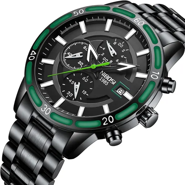 Nibosi 2568 Stainless Steel Multifunctional Chronograph classical Men's Watch – Dial Color: Gold, Strap Color: Black – View 2