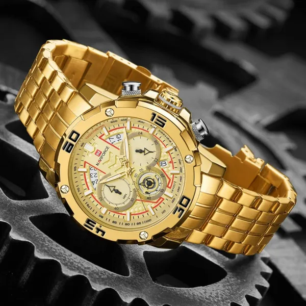 NAVIFORCE NF9175 Stainless Steel Chronograph Men's Watch – Dial Color: Gold, Strap Color: Gold  – View 4