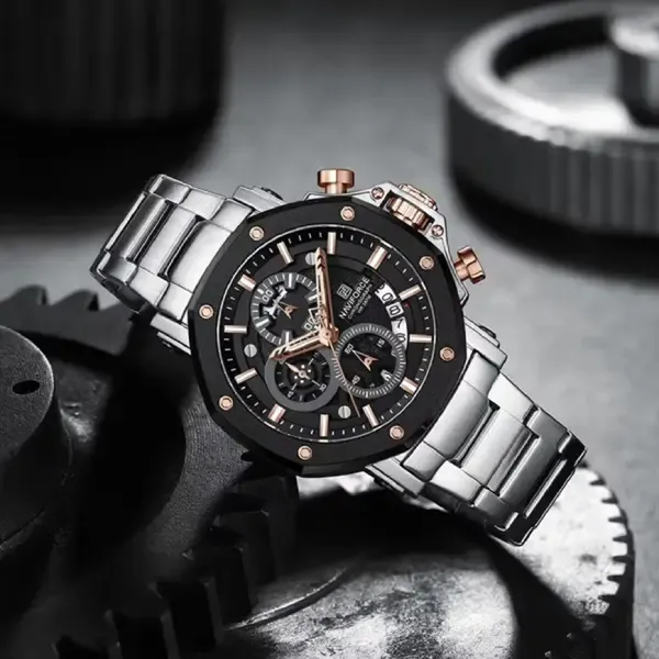 Naviforce 8065 High Quality Stainless Steel Luminous Men Watch – Dial Color: Black, Strap Color: Silver – View 2