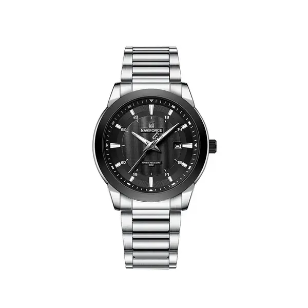 Naviforce NF8029 Luxury Stainless Steel Quartz Analog Men's Watch – Dial Color: Black, Strap Color: Silver – View 1