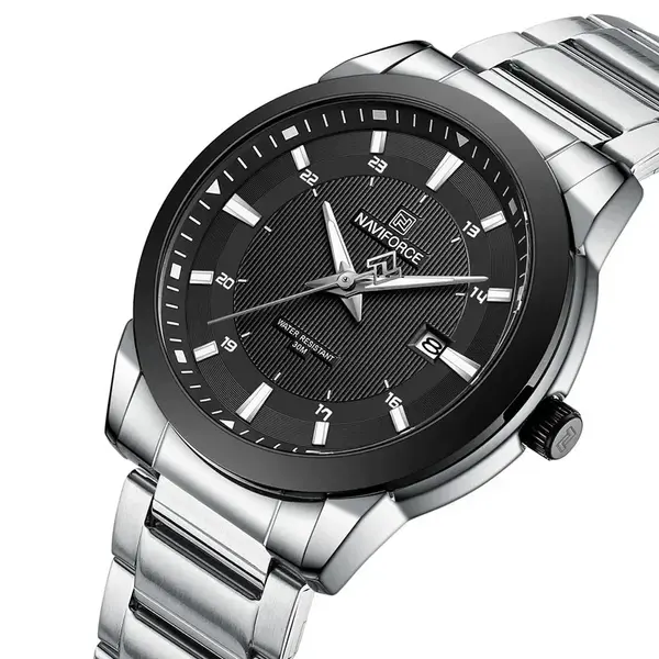 Naviforce NF8029 Luxury Stainless Steel Quartz Analog Men's Watch – Dial Color: Black, Strap Color: Silver – View 3
