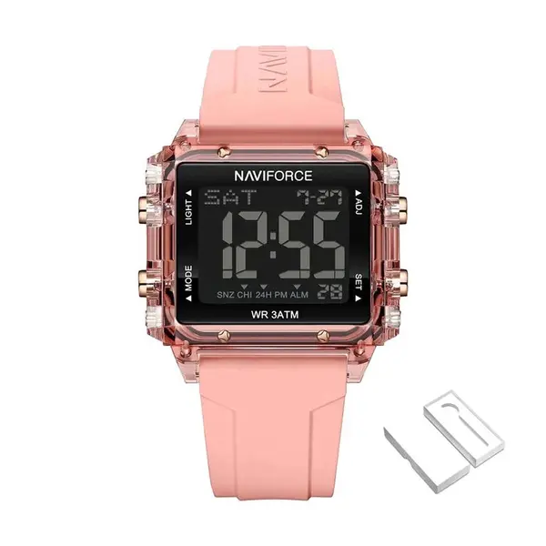 Naviforce NF7101 Silicone Strap Transparent Digital Fashion Female Wristwatch – Dial Color: Black, Strap Color: Pink – View 1