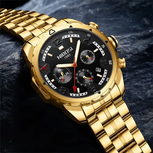 Nibosi 2538 Elegant Stainless Steel Analog Men's Watch – Dial Color: Black Gold, Strap Color: Gold – View 3