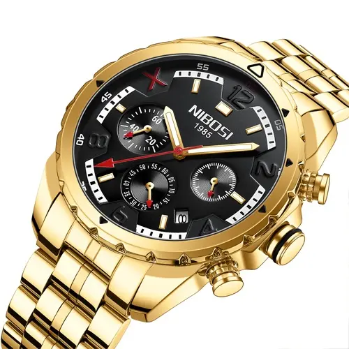 Nibosi 2538 Elegant Stainless Steel Analog Men's Watch – Dial Color: Black Gold, Strap Color: Gold – View 2