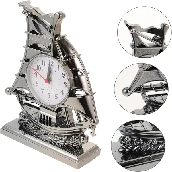 Vintage Deco Table Clock Rustic Living Room Desk Clock Ancient ship – Color: Silver – View 3