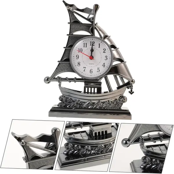 Vintage Deco Table Clock Rustic Living Room Desk Clock Ancient ship – Color: Silver – View 2