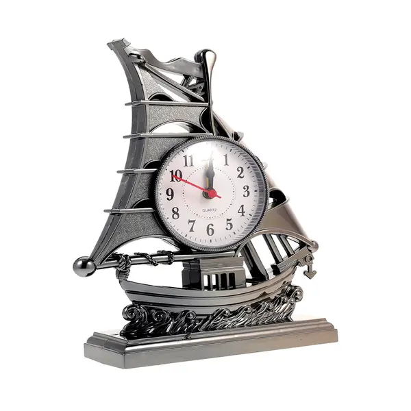 Vintage Deco Table Clock Rustic Living Room Desk Clock Ancient ship – Color: Silver – View 1