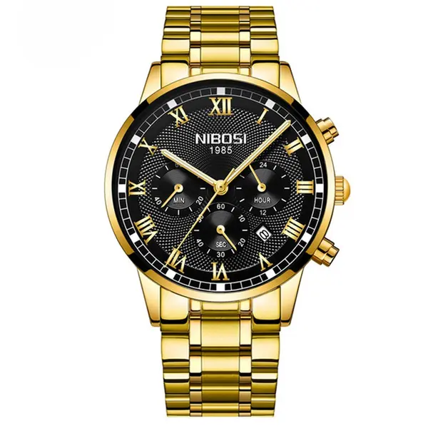 Nibosi 2339 Luxury Stainless Steel Casual Fashion Men's Watch – Dial Color: Black Gold, Strap Color: Gold – View 1