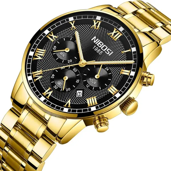 Nibosi 2339 Luxury Stainless Steel Casual Fashion Men's Watch – Dial Color: Black Gold, Strap Color: Gold – View 2