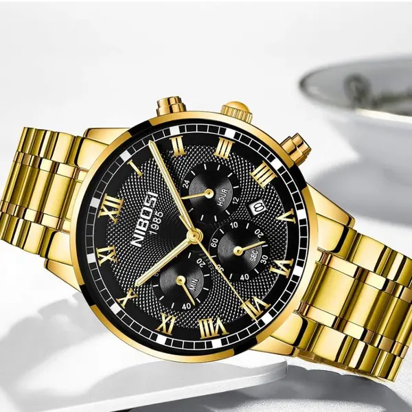 Nibosi 2339 Luxury Stainless Steel Casual Fashion Men's Watch – Dial Color: Black Gold, Strap Color: Gold – View 3
