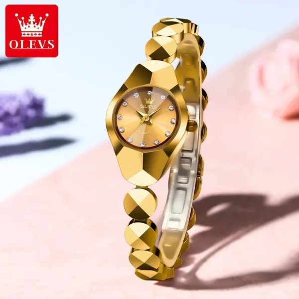 OLEVS 7007 Elegant Luxury Tungsten Steel Analog Wrist Watch For Women – Dial Color: Gold, Strap Color: Gold  – View 3