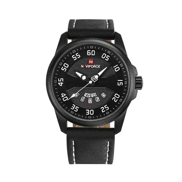 Naviforce NF9124 Luxury Leather Strap Quartz Analog Casual Style Fashion Men's Watch – Dial Color: White, Strap Color: Blue – View 1