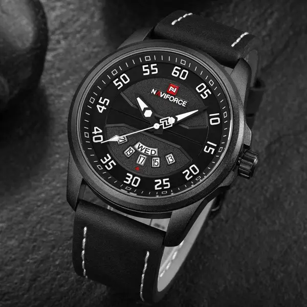 Naviforce NF9124 Luxury Leather Strap Quartz Analog Casual Style Fashion Men's Watch – Dial Color: White, Strap Color: Blue – View 2