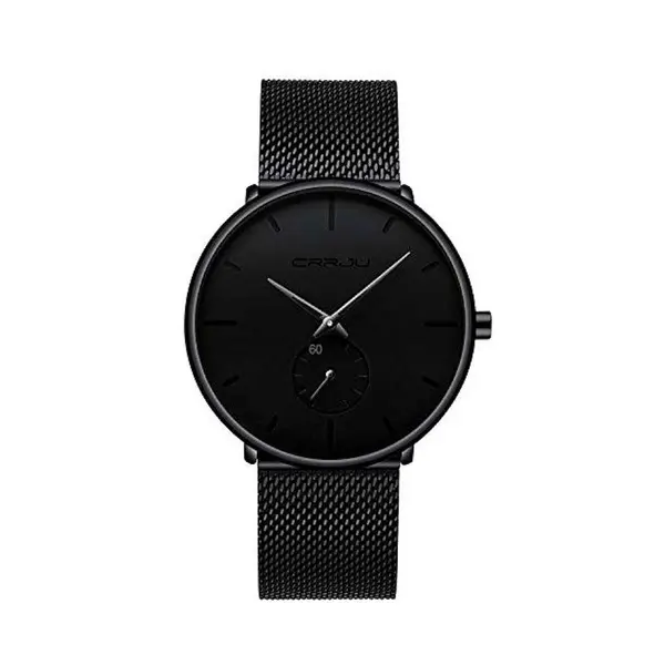 CRRJU 2150 Luxury Stainless Steel Slim Mesh Band Casual Men’s Watch – Dial Color: Black, Strap Color: Black – View 1
