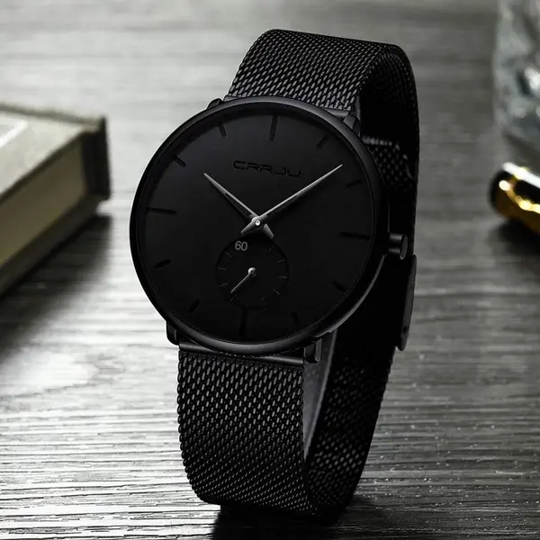CRRJU 2150 Luxury Stainless Steel Slim Mesh Band Casual Men’s Watch – Dial Color: Black, Strap Color: Black – View 2