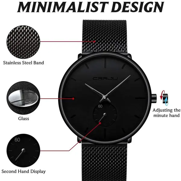 CRRJU 2150 Luxury Stainless Steel Slim Mesh Band Casual Men’s Watch – Dial Color: Black, Strap Color: Black – View 3
