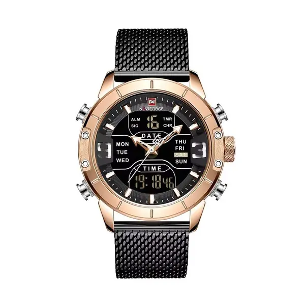 Naviforce NF9153 Mesh Stainless Steel Dual Display Multifunctional Sports Men's Watch – Dial Color: Rose Gold, Strap Color: Black – View 1