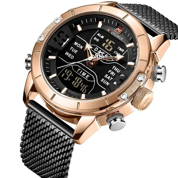 Naviforce NF9153 Mesh Stainless Steel Dual Display Multifunctional Sports Men's Watch – Dial Color: Rose Gold, Strap Color: Black – View 2