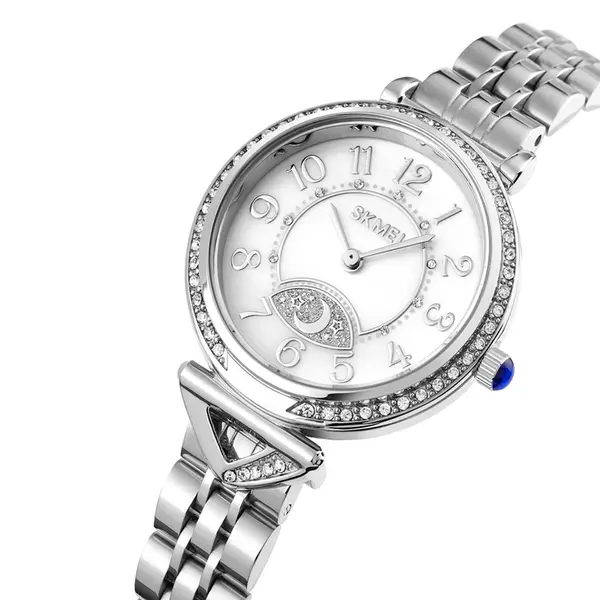 SKMEI 1658 Star Moon Dial Design Ladies Wristwatch – Dial Color: White, Strap Color: Silver – View 2