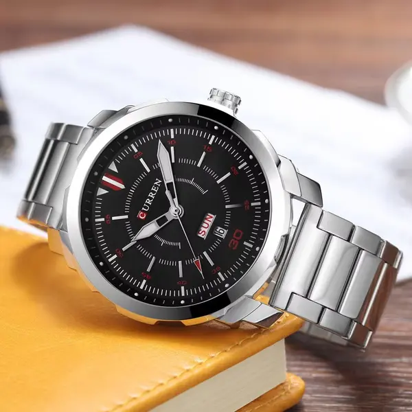 Curren 8266 Luxury Stainless Steel Quartz Fashion Men's Watch – Dial Color: Black, Strap Color: Silver – View 4