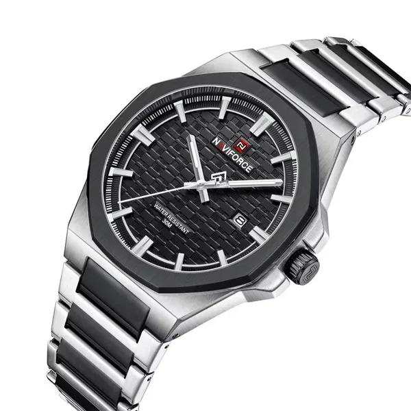 NAVIFORCE NF9245 Steel Strap Polygonal Design Analog Men's Watch – Dial Color: Black, Strap Color: Silver – View 2