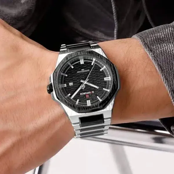 NAVIFORCE NF9245 Steel Strap Polygonal Design Analog Men's Watch – Dial Color: Black, Strap Color: Silver – View 4