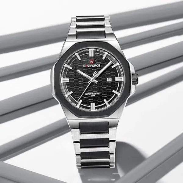 NAVIFORCE NF9245 Steel Strap Polygonal Design Analog Men's Watch – Dial Color: Black, Strap Color: Silver – View 5