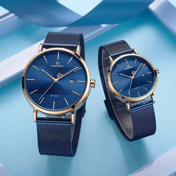 Naviforce NF3008 High Quality Stainless Steel Classic Quartz Fashion Couple's Watch – Dial Color: Rose Gold, Strap Color: Blue – View 2