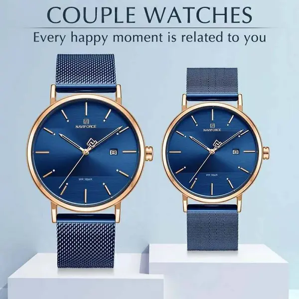 Naviforce NF3008 High Quality Stainless Steel Classic Quartz Fashion Couple's Watch – Dial Color: Rose Gold, Strap Color: Blue – View 3