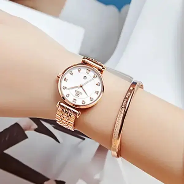OLEVS 5866 Luxury Stainless Steel Rose Gold Flash Diamond Series Waterproof Women's Wristwatch – Dial Color: White, Strap Color: Rose Gold – View 3