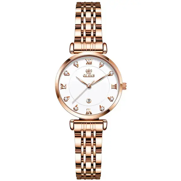 OLEVS 5866 Luxury Stainless Steel Rose Gold Flash Diamond Series Waterproof Women's Wristwatch – Dial Color: White, Strap Color: Rose Gold – View 1