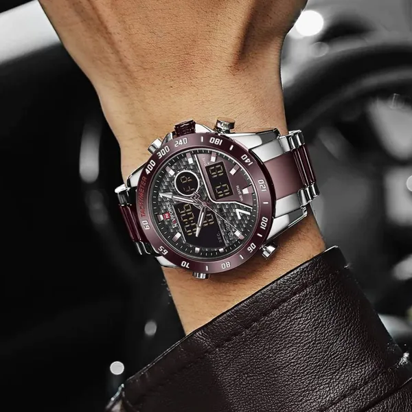 Naviforce 9171 CH Dual Display Quartz Analog Digital Men's Watch – Dial Color: Rose, Strap Color: Silver – View 4