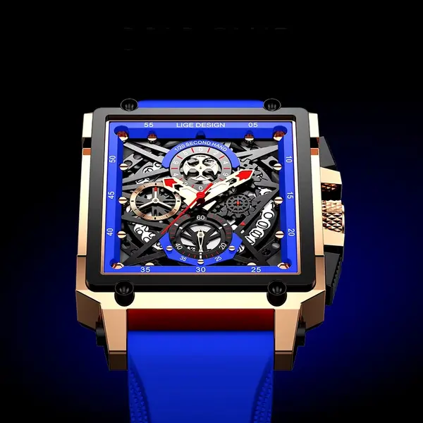 LIGE 8935 Exclusive Square Dial Analog Hollow Luxury Men's Watch – Dial Color: Blue, Strap Color: Blue – View 3