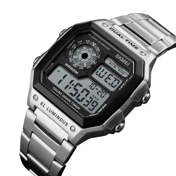 SKMEI 1335 Digital Multifunctional Stainless Steel Sporty Men's Watch – Dial Color: Black, Strap Color: Silver – View 1