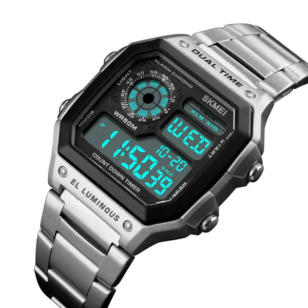 SKMEI 1335 Digital Multifunctional Stainless Steel Sporty Men's Watch – Dial Color: Black, Strap Color: Silver – View 4