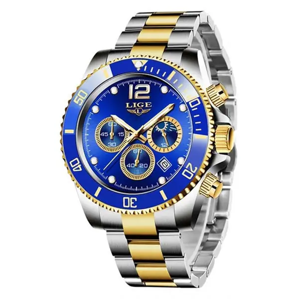 LIGE 8924 Analog Moon Phase High Quality Stainless Steel Men's Watch – Dial Color: Blue, Strap Color: Silver – View 1