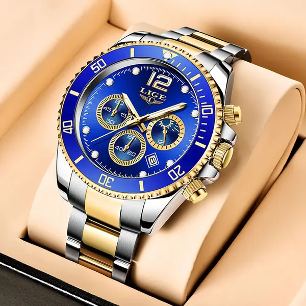 LIGE 8924 Analog Moon Phase High Quality Stainless Steel Men's Watch – Dial Color: Blue, Strap Color: Silver – View 2