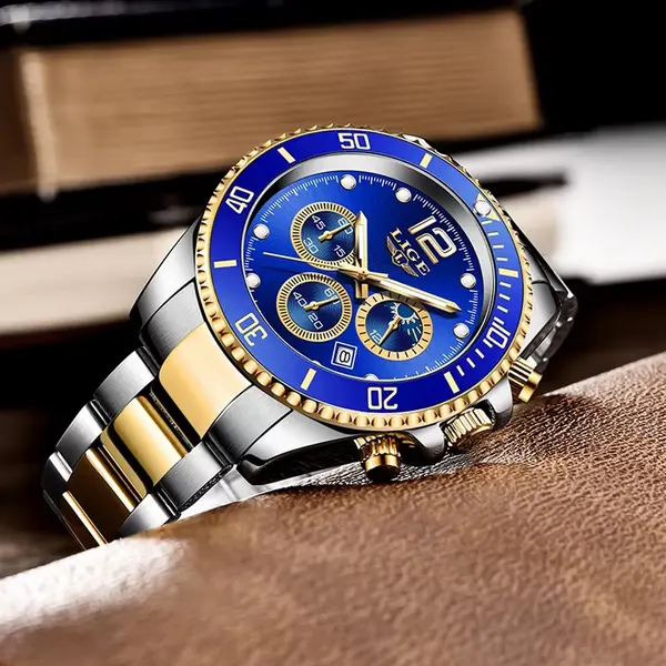 LIGE 8924 Analog Moon Phase High Quality Stainless Steel Men's Watch – Dial Color: Blue, Strap Color: Silver – View 4