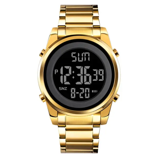 SKMEI 1611 Stainless Steel Luxury Analog Men's Watch – Dial Color: Black, Strap Color: Gold  – View 1
