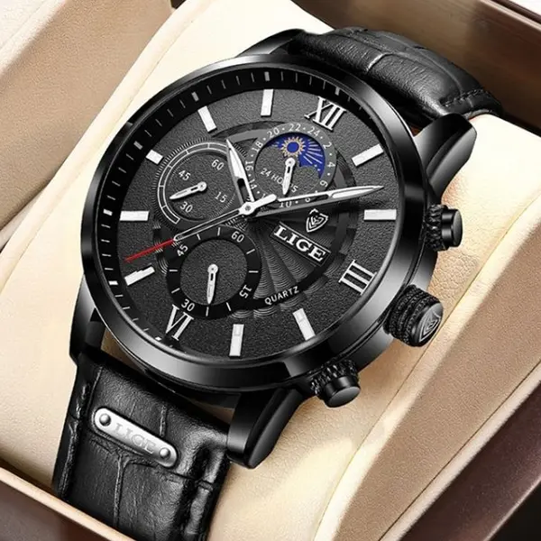 LIGE 8932 Premium Moon Phase Leather Strap Luxury Men's Watch – Dial Color: Black, Strap Color: Black – View 2