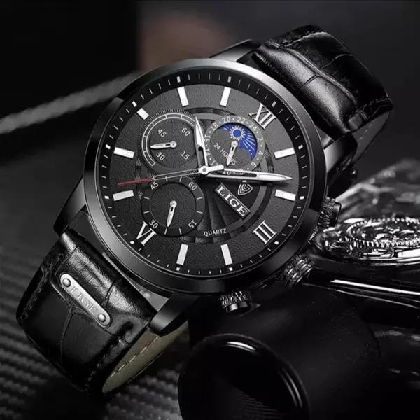 LIGE 8932 Premium Moon Phase Leather Strap Luxury Men's Watch – Dial Color: Black, Strap Color: Black – View 3